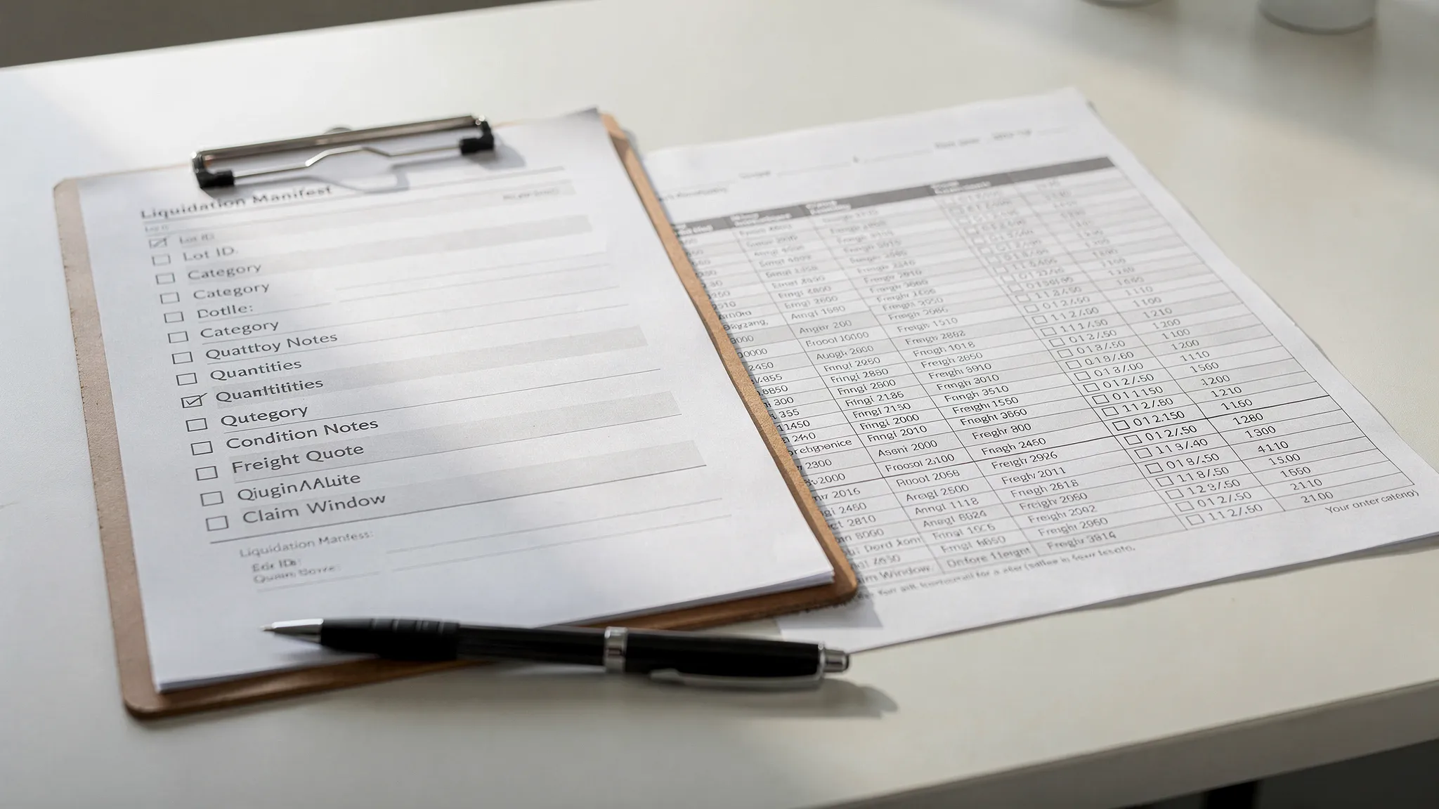 A close-up of a clipboard checklist next to a printed liquidation manifest, with visible fields like lot ID, category, quantities, condition notes, freight quote, and claim window.
