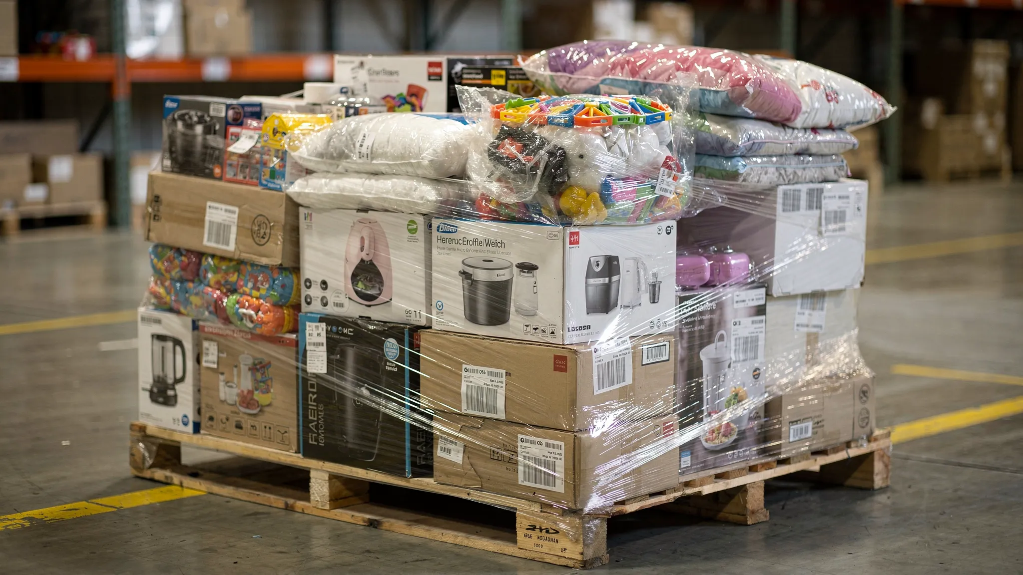 A mixed liquidation pallet stacked with assorted retail boxes including small home appliances, kitchen gadgets, bedding, toys, and assorted household items, wrapped in clear stretch film in a warehouse staging area.