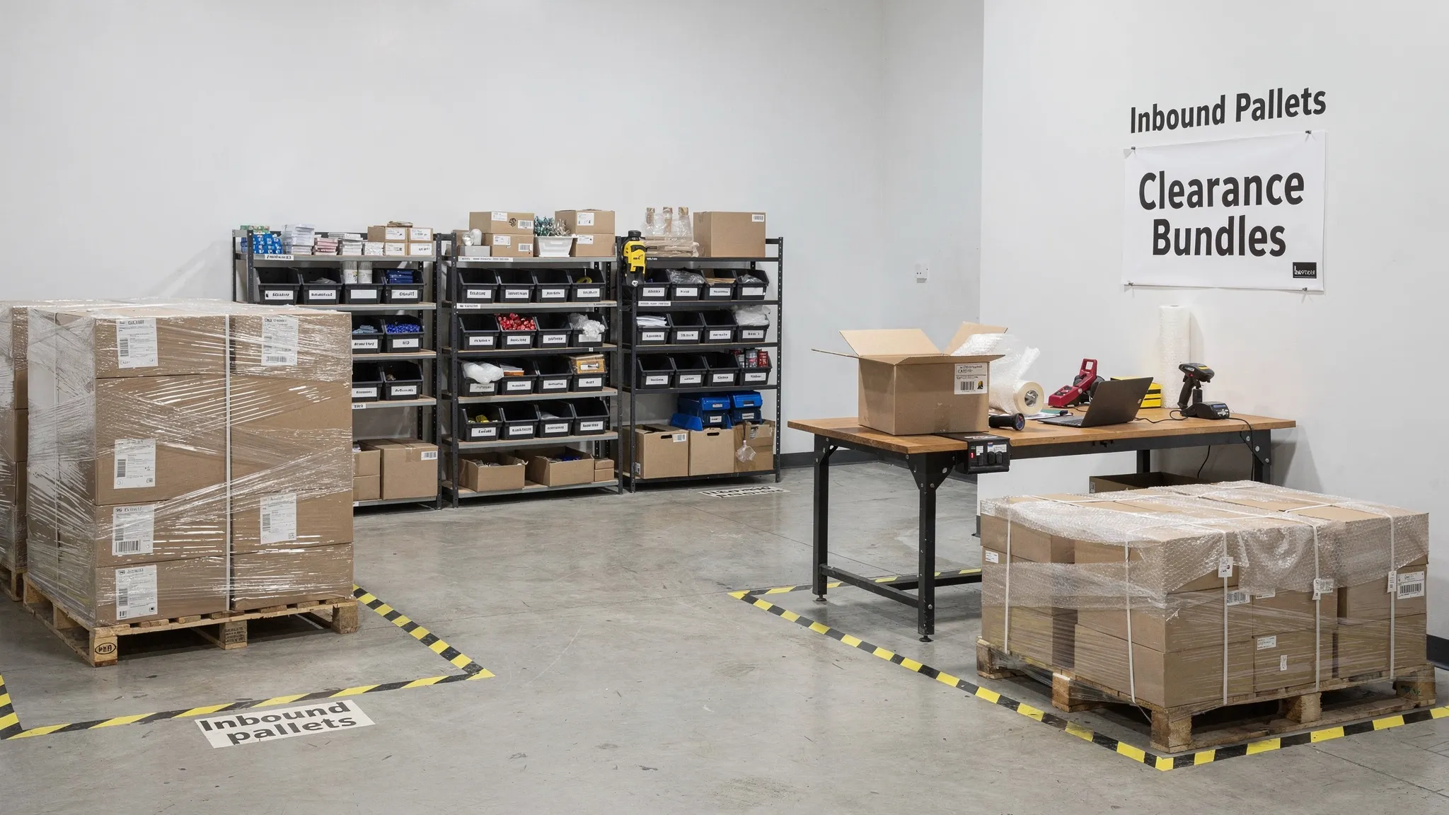 A neat inventory staging area with labeled zones for inbound pallets, tested items on shelving, a packing station with boxes and tape, and a separate clearance zone for bundle lots.