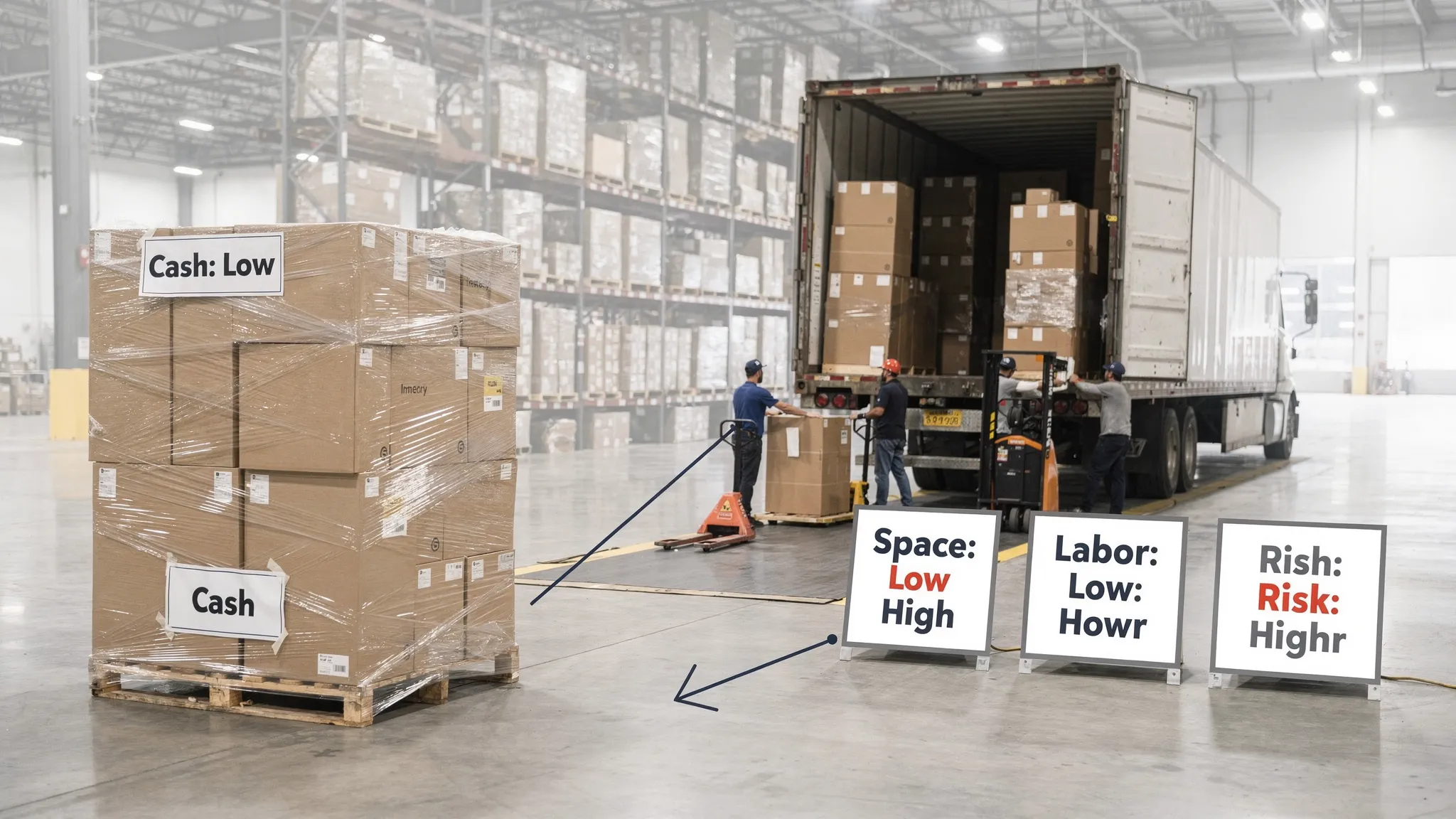 A realistic warehouse scene showing a single shrink-wrapped liquidation pallet on one side and a full 53-foot trailer being unloaded on the other, with labels indicating cash, space, labor, and risk differences.