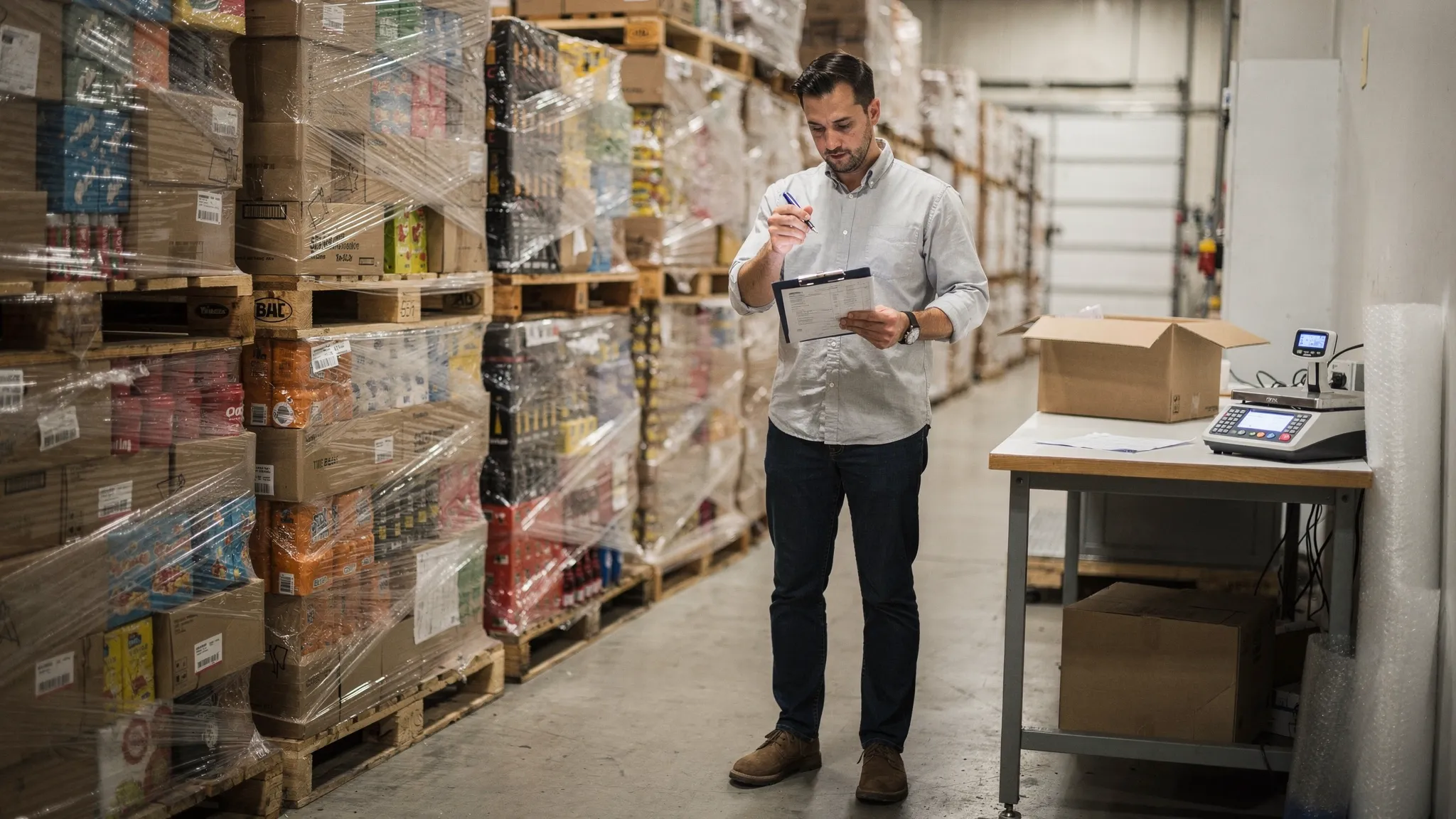 A reseller in a small warehouse compares two supplier quotes on a clipboard while shrink-wrapped pallets of mixed retail goods sit on wooden skids in the background; a shipping scale and packing station are nearby.