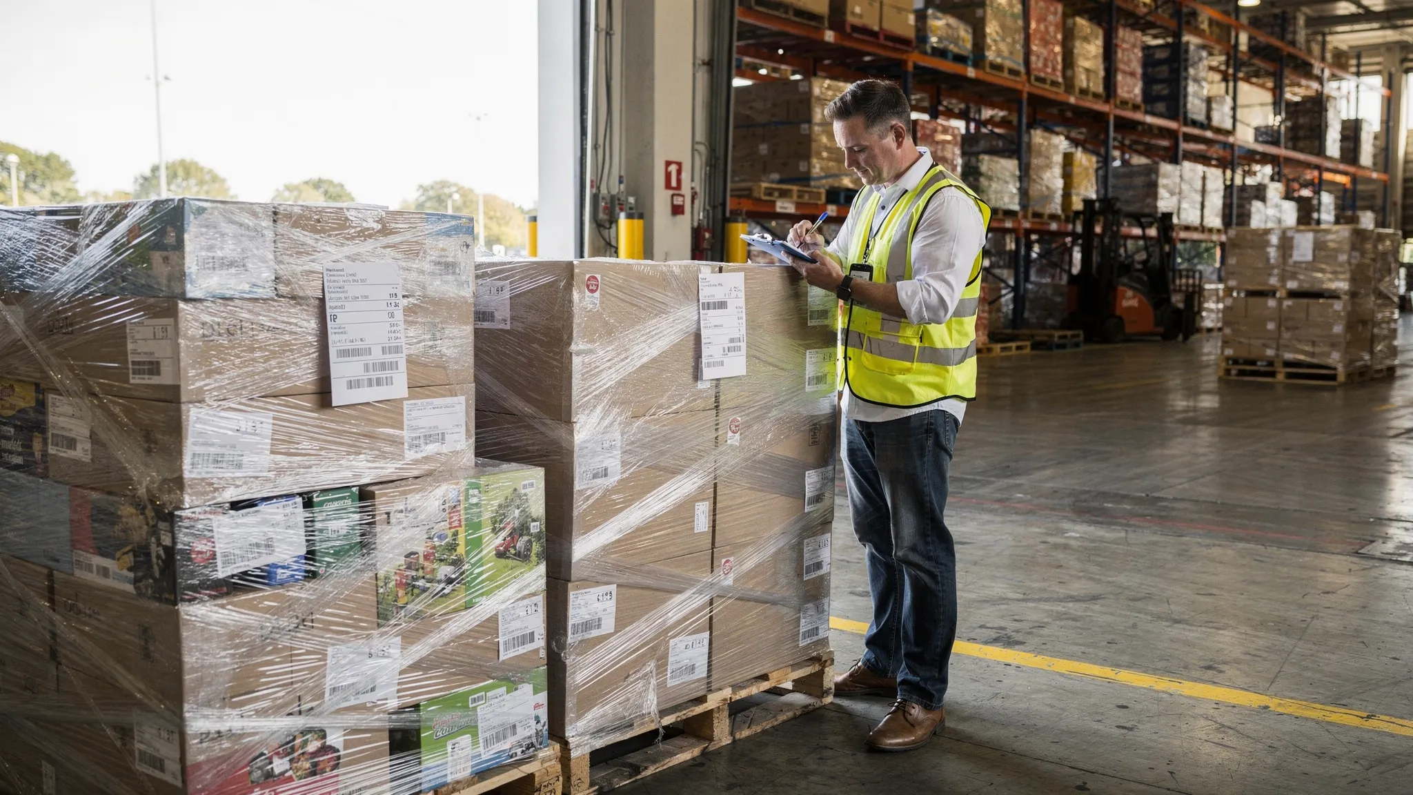 A reseller in a warehouse inspecting shrink-wrapped liquidation pallets on wooden skids, checking pallet labels and taking notes on a clipboard near a loading dock with stacked inventory in the background.