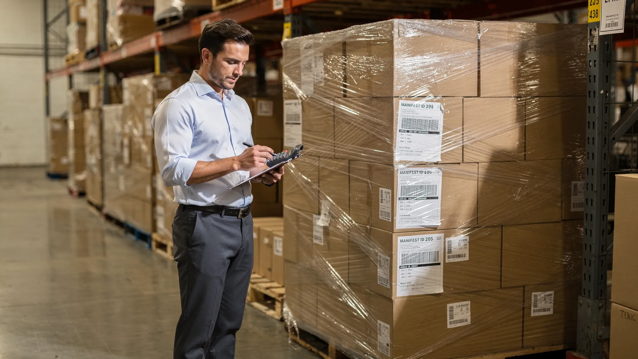 A reseller reviewing a liquidation manifest next to a shrink-wrapped pallet in a warehouse, with a clipboard, calculator, and labeled pallet tags visible.