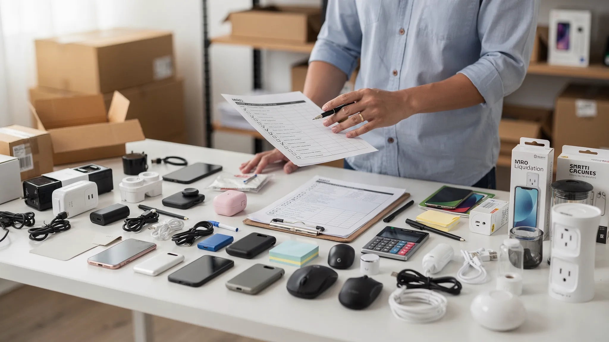 A reseller reviewing a printed liquidation manifest next to assorted small electronics, accessories, and home goods laid out on a sorting table; a clipboard with checkmarks and a calculator are visible.