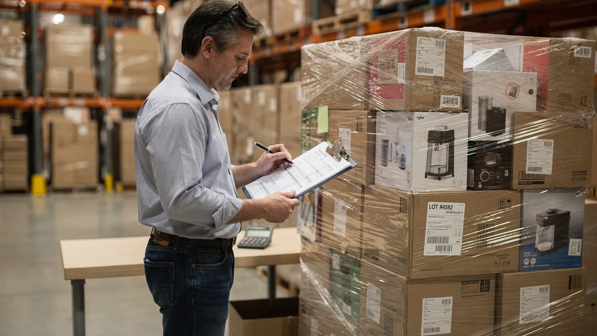 A reseller reviewing a printed liquidation manifest next to a shrink-wrapped pallet of mixed retail goods, with a clipboard, calculator, and shipping label visible in a warehouse setting.