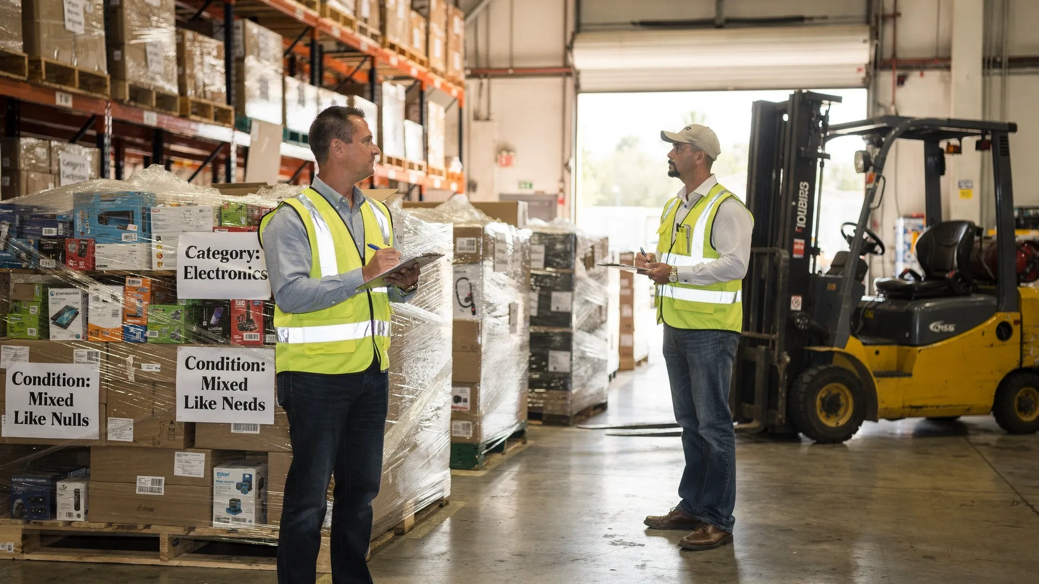 A reseller standing with a clipboard near a warehouse staging area, looking at shrink-wrapped liquidation pallets labeled by category and condition, with a forklift parked nearby and a clear loading dock in the background.