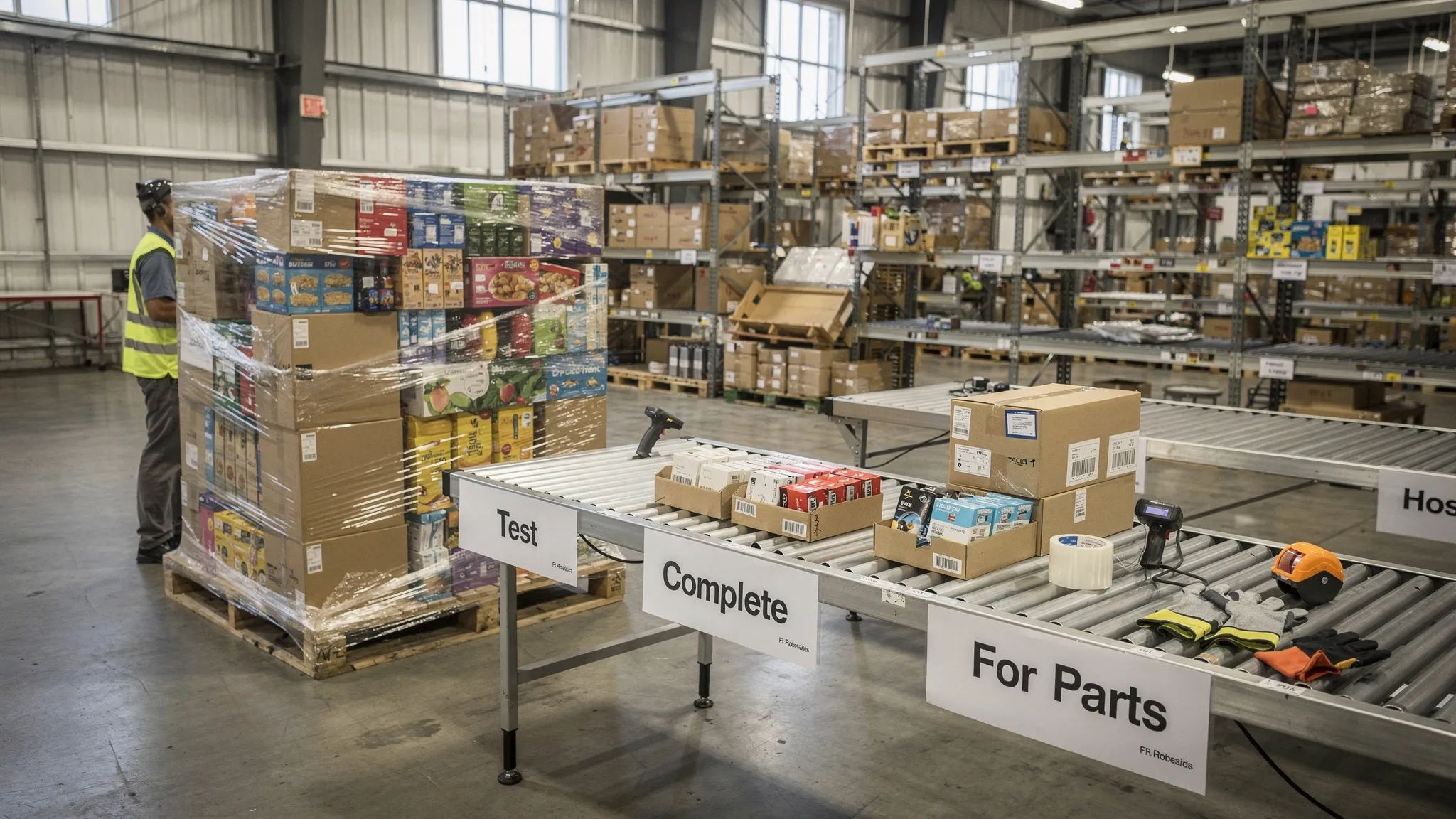 A reseller warehouse receiving area with a shrink-wrapped pallet being opened, nearby sorting tables labeled “Test,” “Complete,” “Missing Parts,” and “For Parts,” plus basic tools like a barcode scanner, gloves, and packing tape.