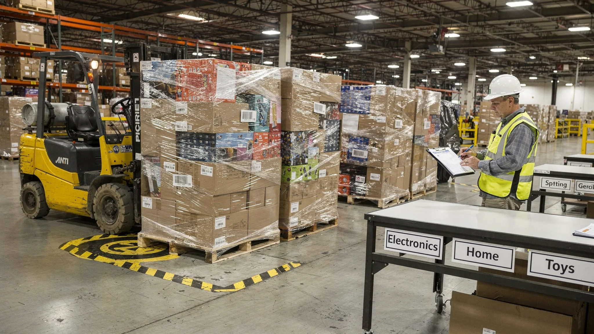 A reseller warehouse receiving area with shrink-wrapped liquidation pallets, a forklift nearby, and a worker checking a printed manifest on a clipboard beside labeled sorting tables.