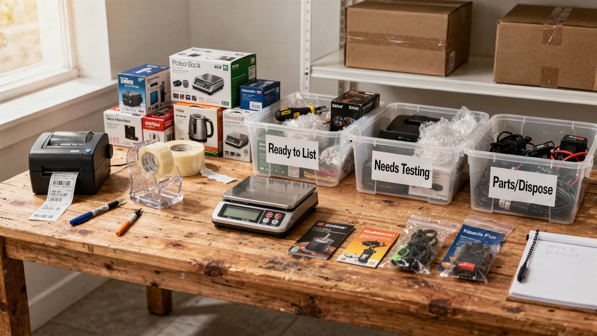 A reseller workbench with a digital scale, label printer, packing tape, and three labeled bins reading “Ready to List,” “Needs Testing,” and “Parts/Dispose,” with assorted boxed items from a liquidation pallet laid out for inspection.