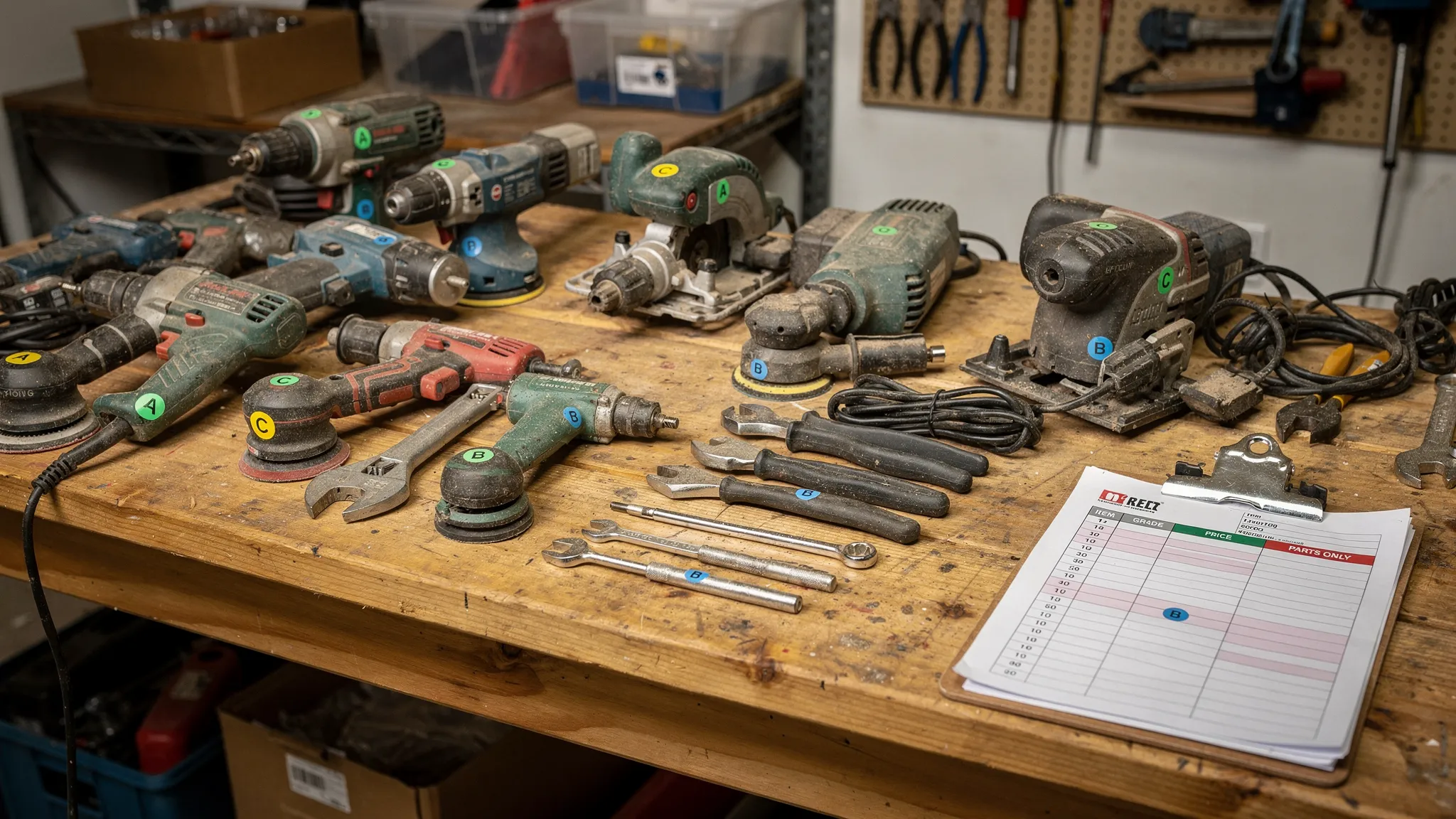 A reseller workbench with assorted power tools and hand tools laid out in groups, each item tagged with simple color-coded stickers for grades A, B, C, and parts-only, plus a clipboard showing a pricing worksheet.
