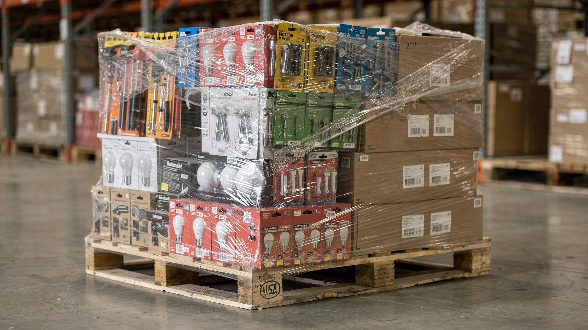 A shrink-wrapped liquidation pallet in a warehouse containing mixed home improvement items like boxed hand tools, tool accessories, small hardware packs, and packaged lighting components, with visible labels and varied box sizes stacked on a standard wooden pallet.