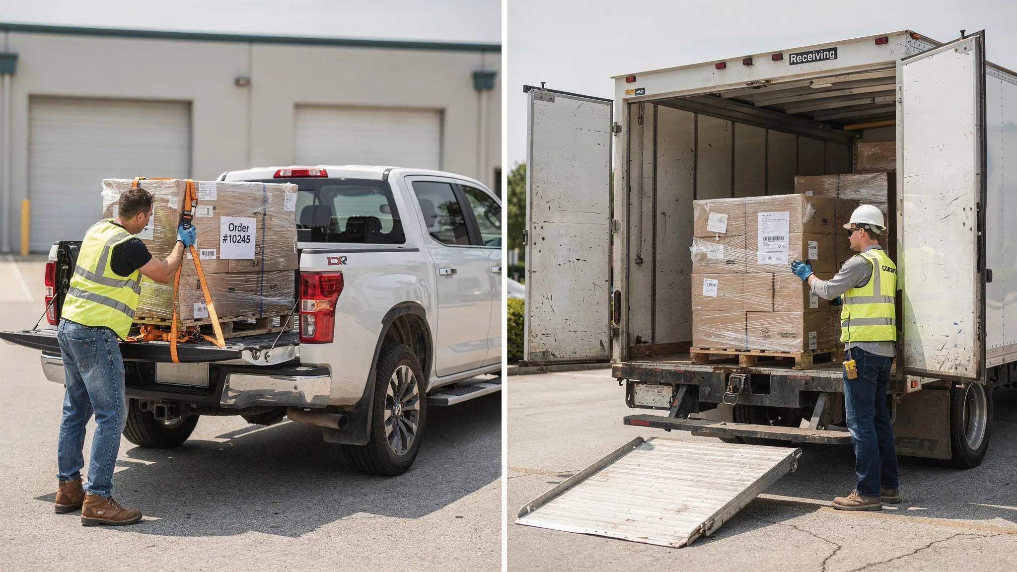 A side-by-side scene showing a reseller picking up wrapped pallets with a pickup truck and straps on one side, and a freight truck delivering shrink-wrapped pallets to a small warehouse dock on the other side.