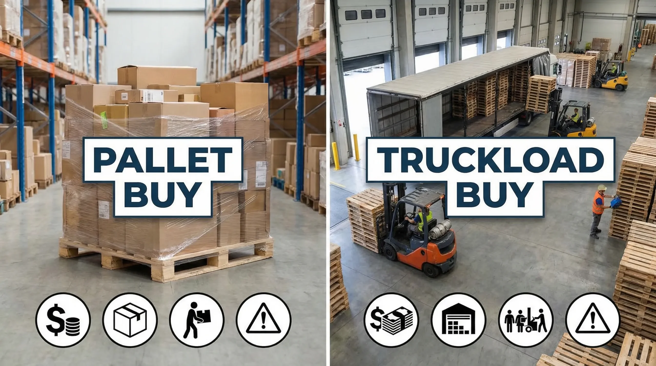 A side-by-side warehouse scene showing a wrapped liquidation pallet on the left and a full trailer being unloaded with multiple pallets on the right, with clear labels for “Pallet buy” vs “Truckload buy” and icons for cash, space, labor, and risk.