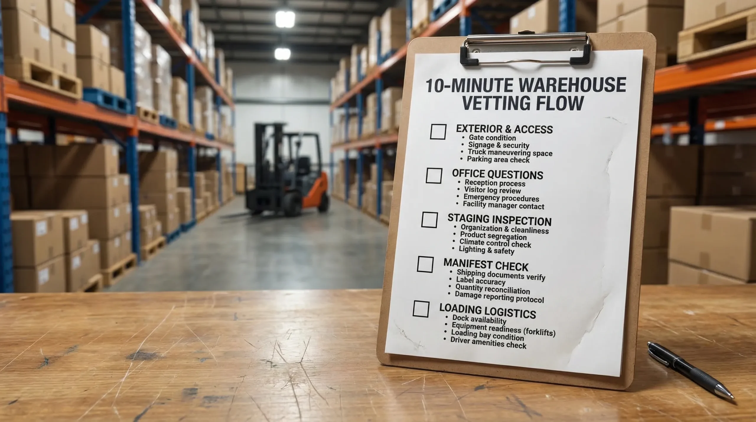 A simple checklist-style graphic showing a 10-minute warehouse vetting flow: exterior and access, office questions, staging inspection, manifest check, and loading logistics.