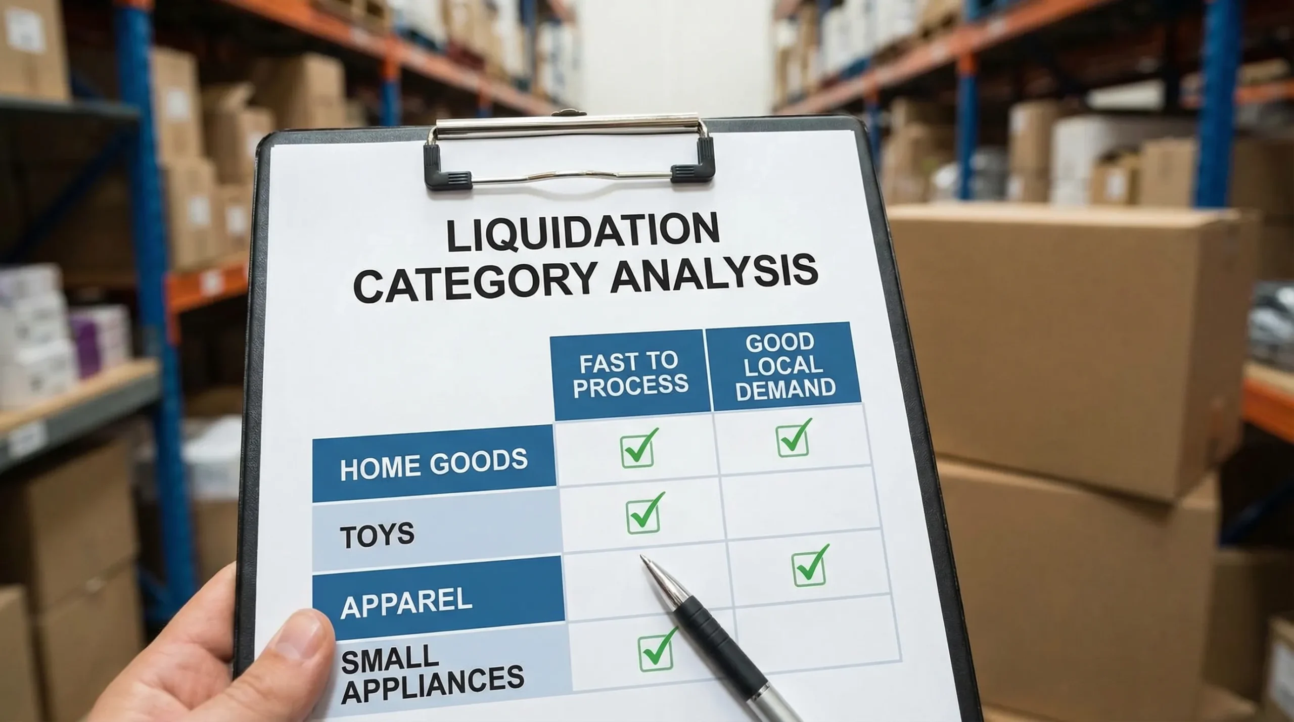 A simple comparison table on a clipboard showing liquidation categories like home goods, toys, apparel, small appliances, with checkmarks for “fast to process” and “good local demand”.