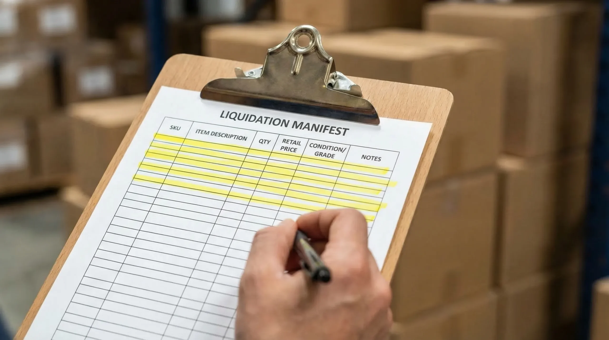 A simple example of a liquidation pallet manifest layout with highlighted fields like SKU, item description, quantity, retail price, condition/grade, and notes, shown as a clean table on a clipboard.