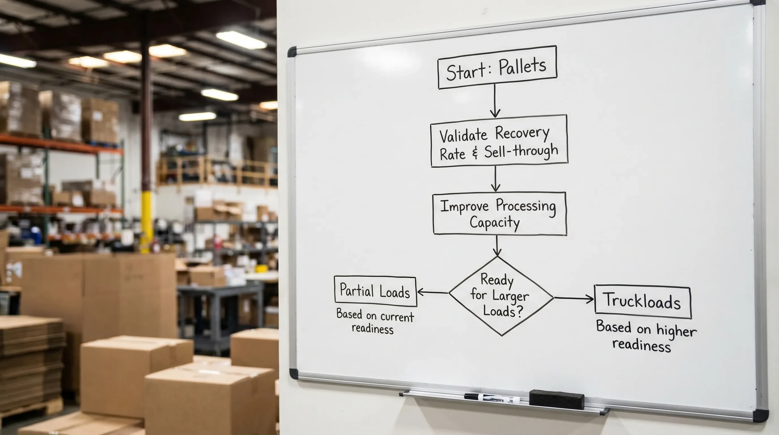 A simple flowchart showing a reseller decision path: start with pallets, validate recovery rate and sell-through, improve processing capacity, then choose partial loads or truckloads based on readiness.