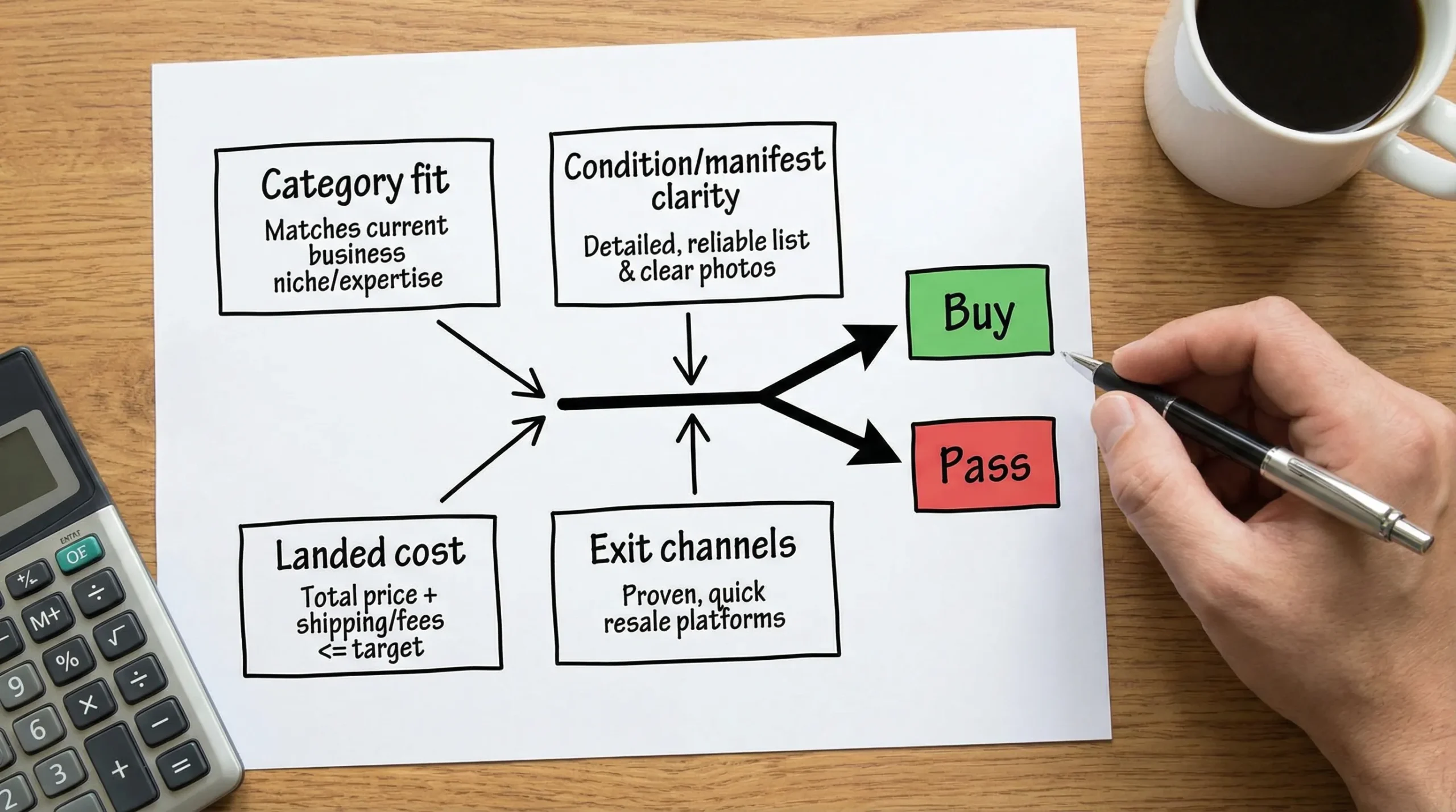 A simple four-box decision diagram for buying Home Depot liquidation pallets showing: Category fit, Condition/manifest clarity, Landed cost, and Exit channels, with arrows pointing toward a “Buy” or “Pass” outcome.