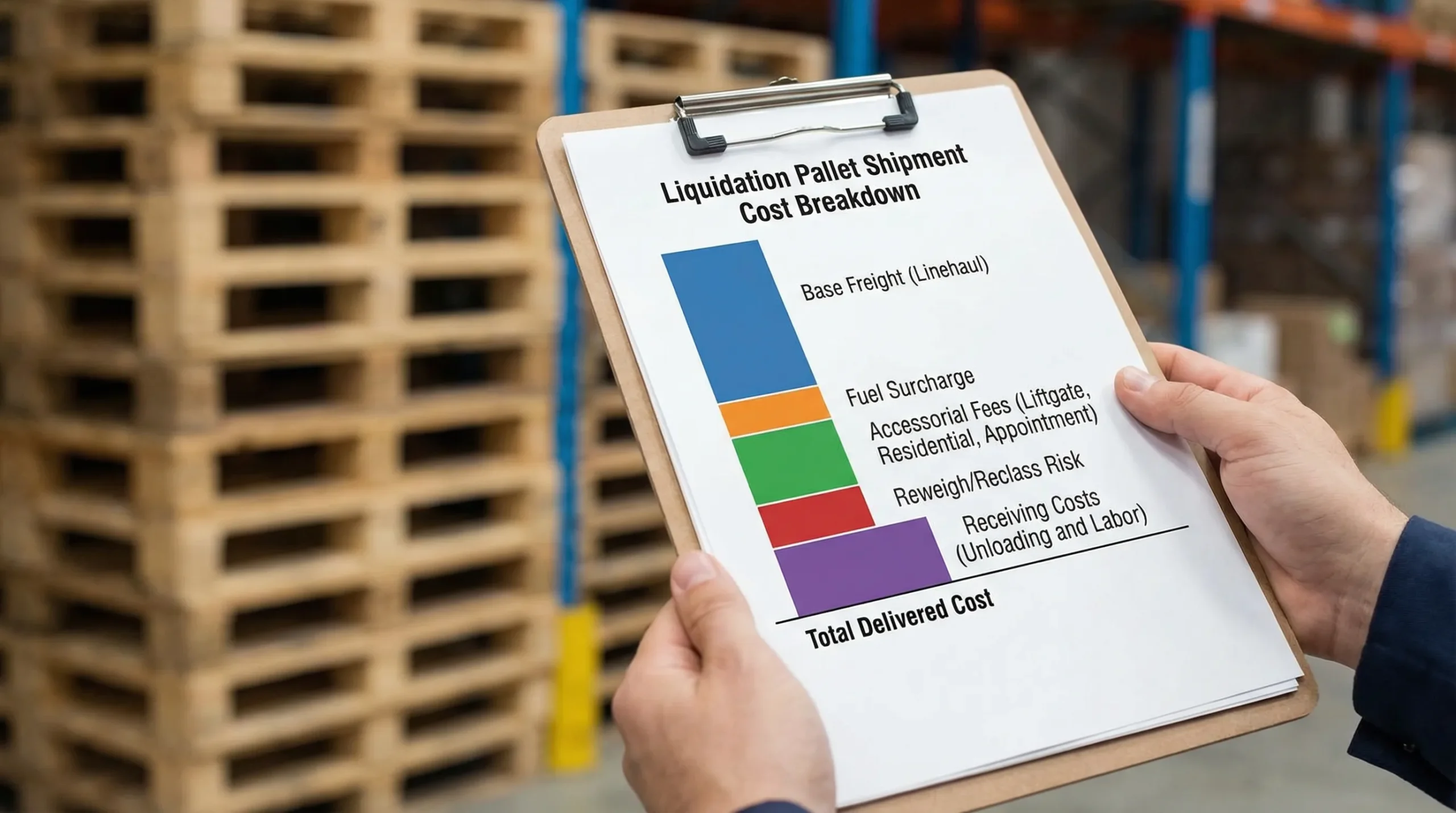 A simple infographic showing a liquidation pallet shipment cost breakdown with labeled components: base freight (linehaul), fuel surcharge, accessorial fees (liftgate, residential, appointment), reweigh/reclass risk, and receiving costs (unloading and labor).