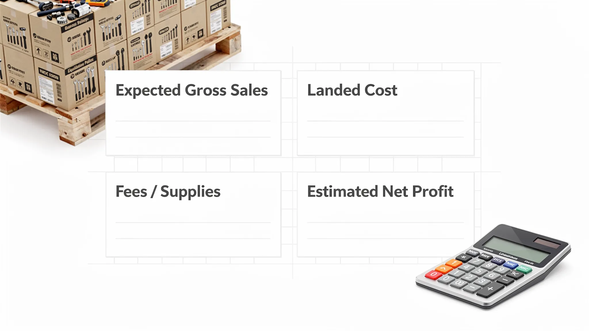 A simple ROI worksheet graphic for liquidation pallets, showing four labeled boxes: expected gross sales, landed cost, fees/supplies, and estimated net profit, with a small calculator and a pallet of boxed tools in the background.