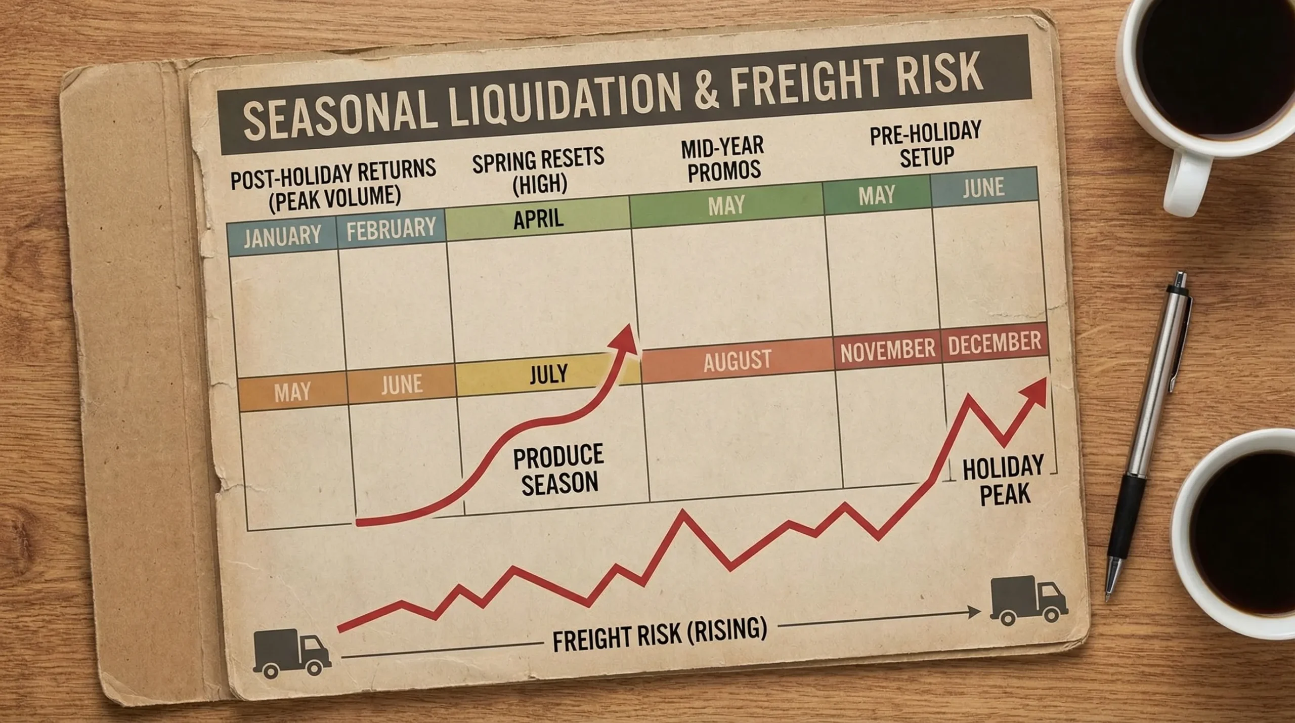 A simple seasonal calendar showing months labeled with typical liquidation volume peaks (post-holiday returns, spring resets, mid-year promos, pre-holiday setup) and a separate line indicating freight risk rising in produce season and holiday peak.