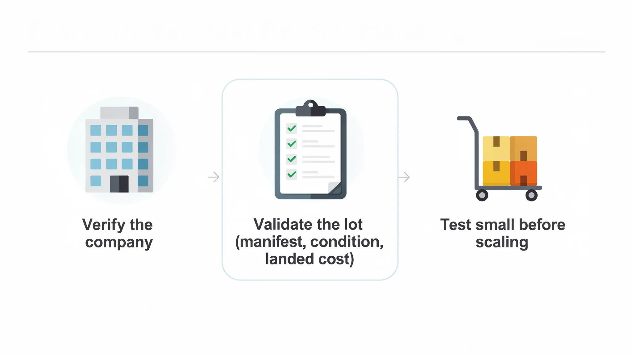 A simple three-step graphic showing “Verify the company,” “Validate the lot (manifest, condition, landed cost),” and “Test small before scaling,” with icons for a building, checklist, and pallet jack.