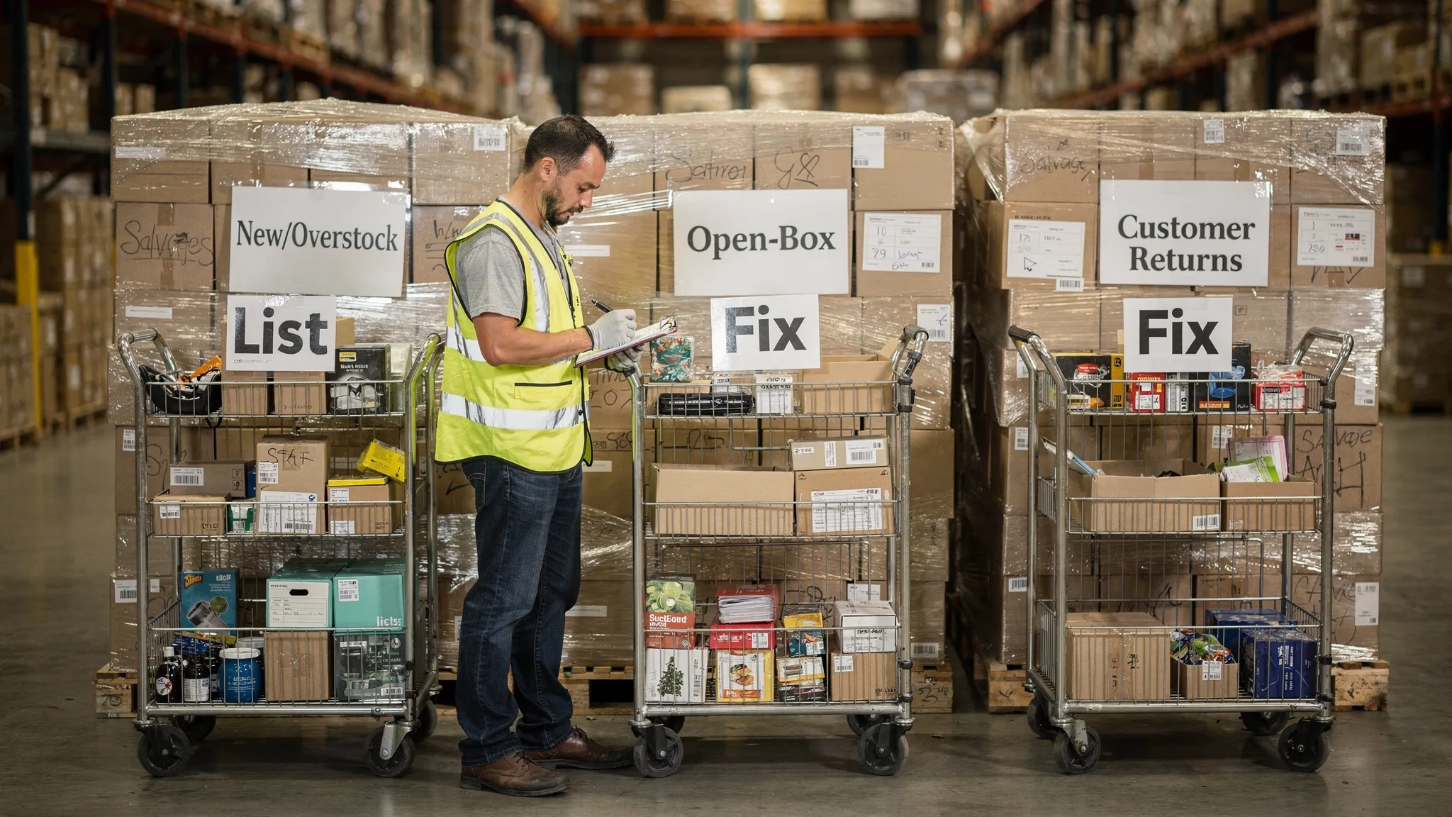 A simple warehouse scene showing four pallet stacks labeled “New/Overstock,” “Open-Box,” “Customer Returns,” and “Salvage,” with a worker using a clipboard to triage items into three rolling carts labeled “List,” “Fix,” and “Parts.”