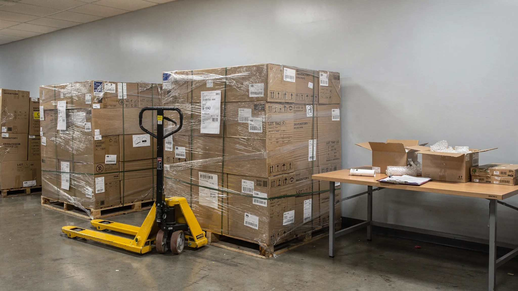 A small warehouse receiving area with shrink-wrapped liquidation pallets staged on the floor, a pallet jack nearby, printed labels on boxes, and a simple sorting table set up for inspection.