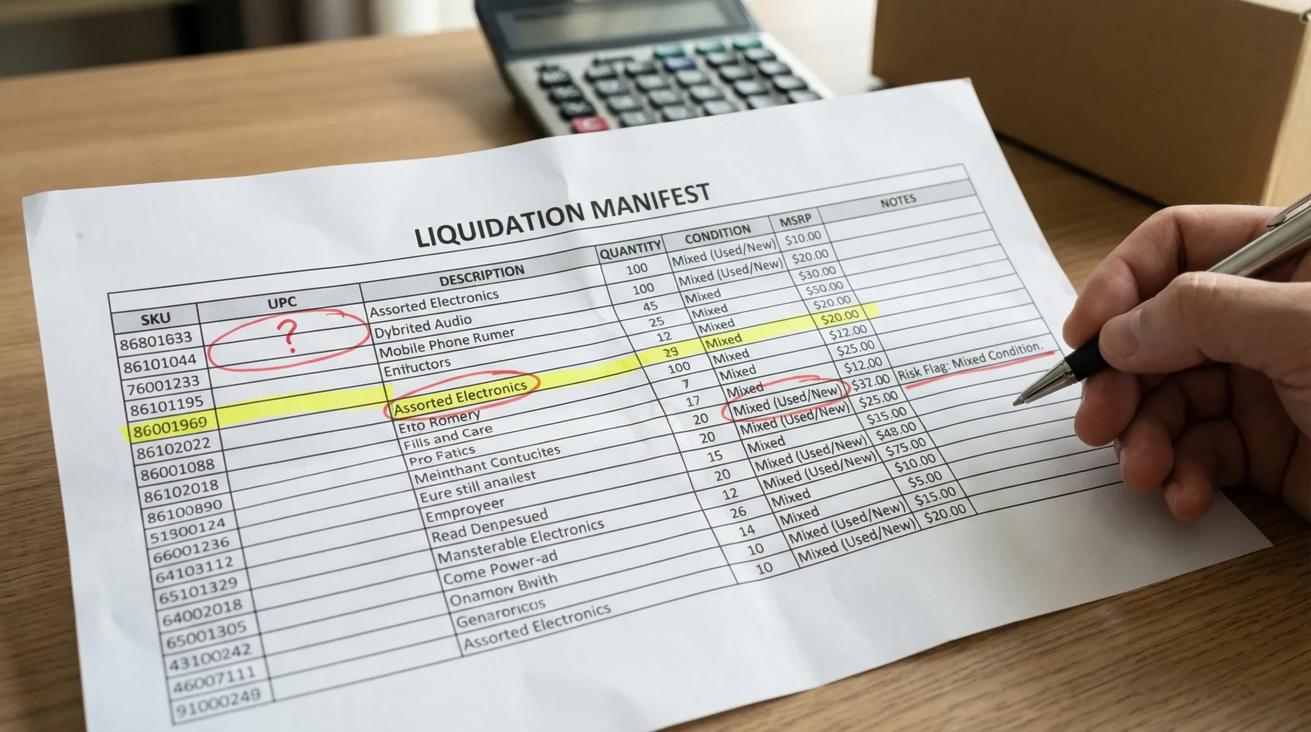 A spreadsheet-style liquidation manifest example with columns for SKU, UPC, description, quantity, condition, MSRP, and notes; several rows are highlighted to show risk flags like missing UPCs, vague descriptions, and mixed condition codes.