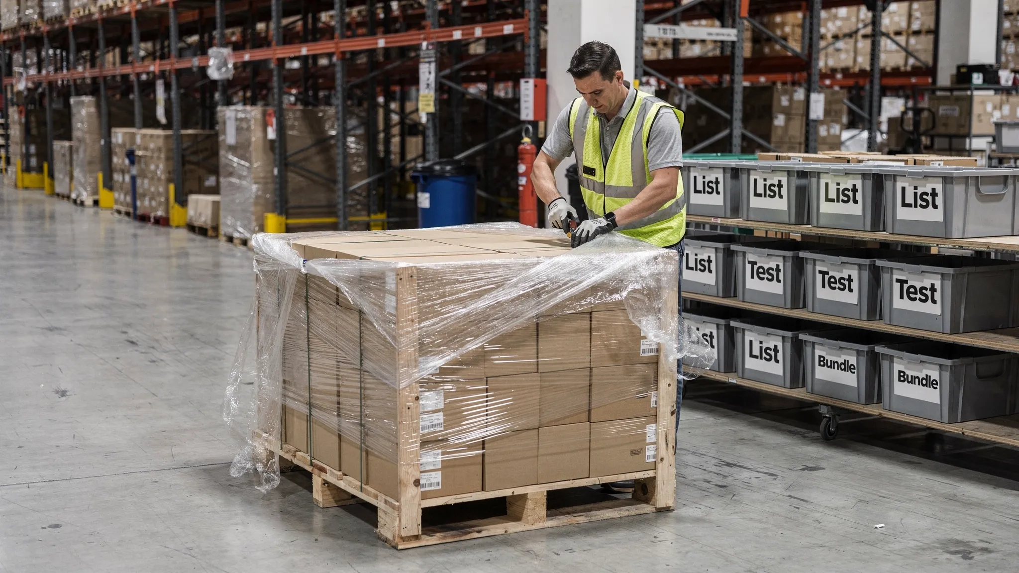 A warehouse pallet being opened with shrink wrap removed; items are separated into labeled bins like “List,” “Test,” and “Bundle,” with a clear aisle for staging inventory.