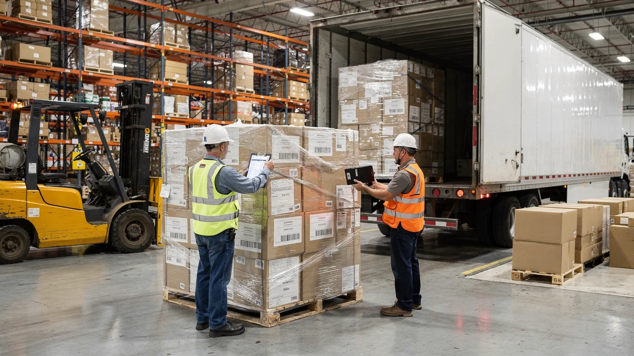 A warehouse receiving area where a forklift unloads shrink-wrapped liquidation pallets from a semi-trailer, with a worker checking a printed manifest and another taking photos of pallet labels.