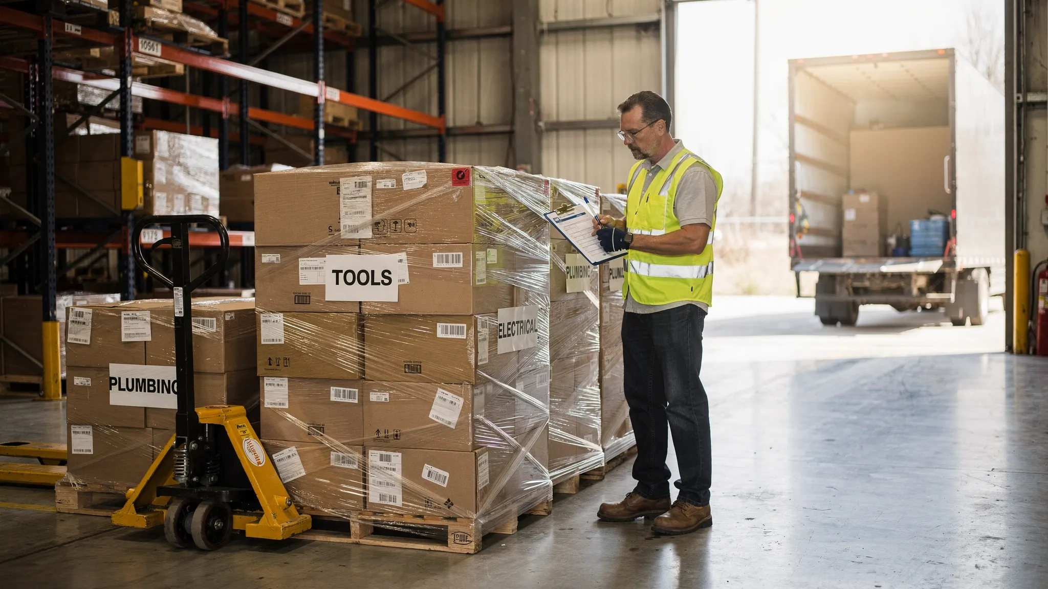 A warehouse receiving area with a pallet jack and several shrink-wrapped pallets labeled tools, electrical, and plumbing, with a worker checking a printed manifest on a clipboard near a loading dock.