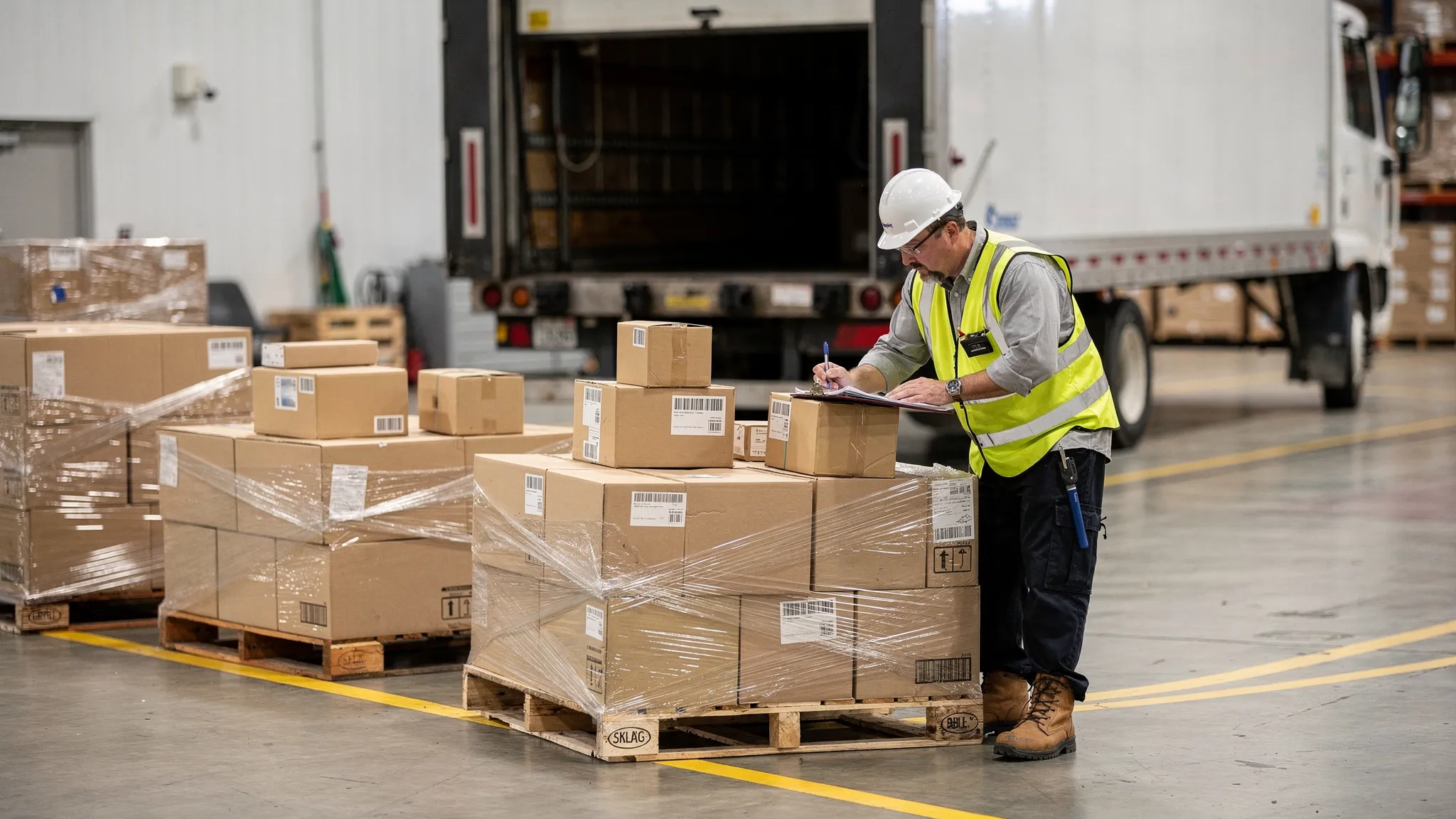 A warehouse receiving area with a semi-truck backed to a loading bay door, several shrink-wrapped pallets on the floor, and a worker holding a clipboard while checking pallet count and visible damage.