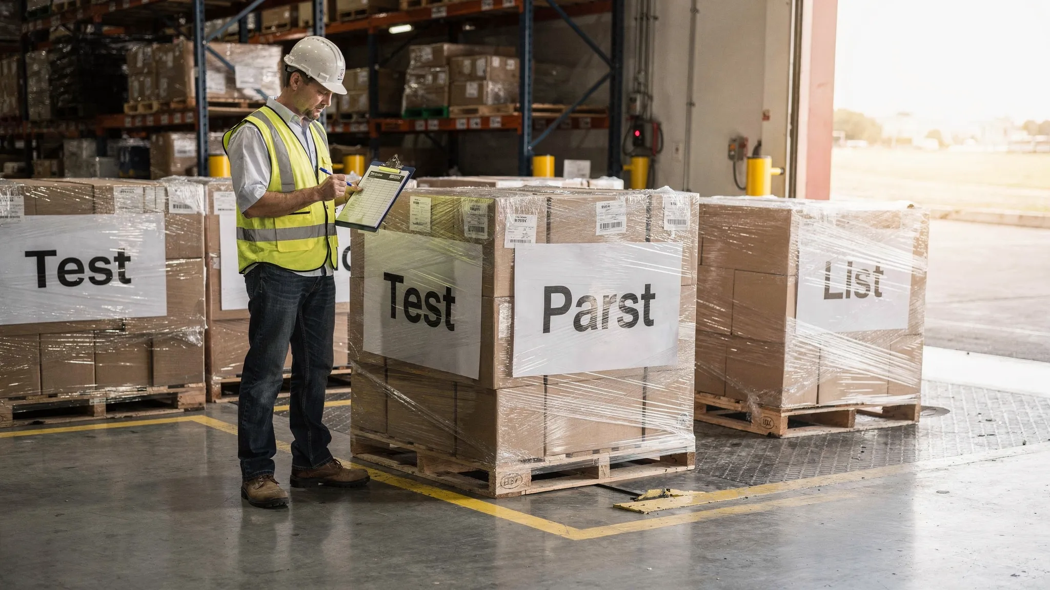 A warehouse receiving area with shrink-wrapped pallets near a dock door, a worker holding a clipboard checklist, and clear labels on pallets for triage like “Test,” “List,” and “Parts.”