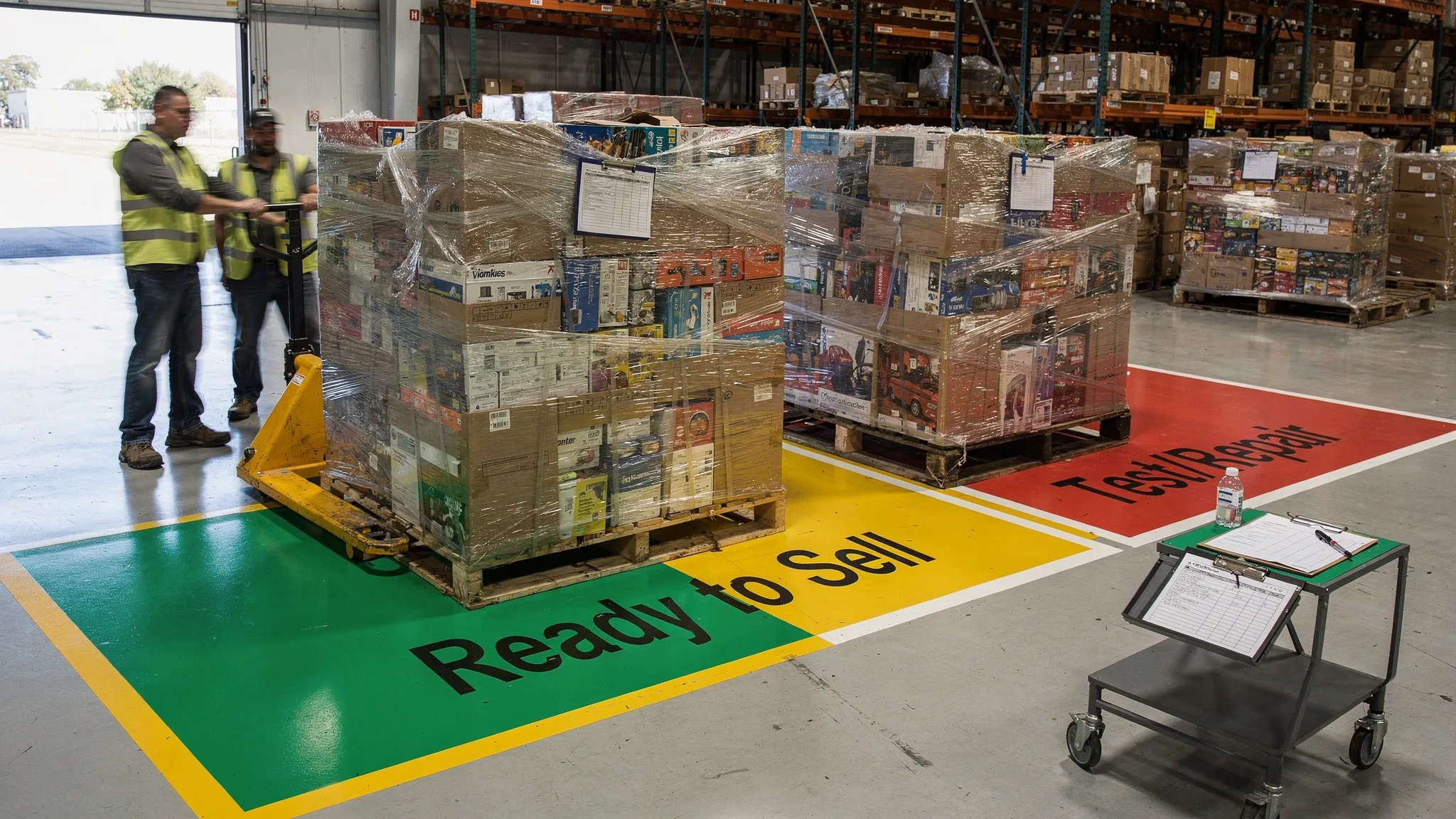 A warehouse receiving area with two shrink-wrapped liquidation pallets on a dock, workers using a pallet jack, and labeled zones on the floor for “Ready to Sell,” “Test/Repair,” and “Parts/Dispose,” with clipboards for counting and inspection.