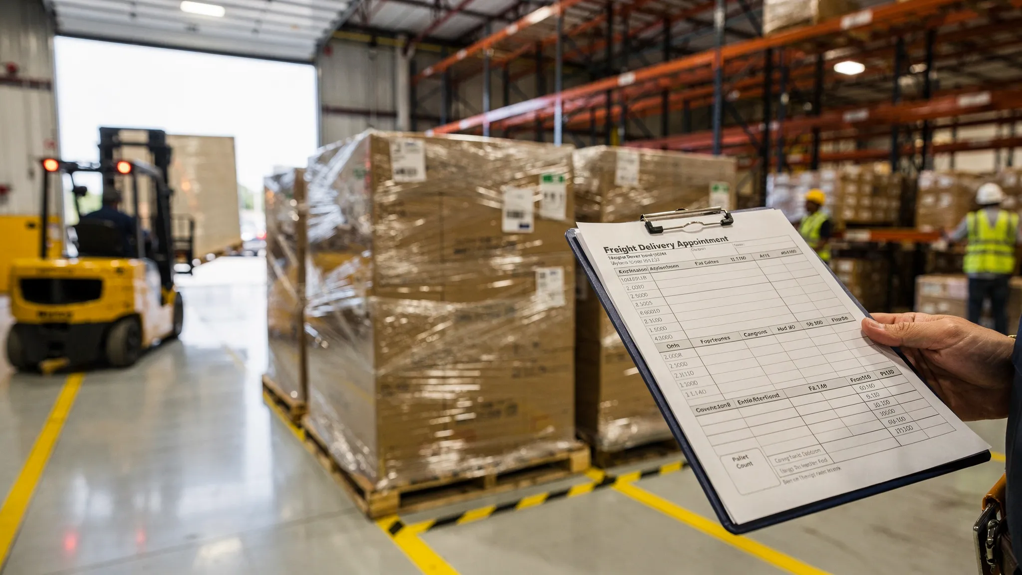 A warehouse scene with wrapped liquidation pallets staged for shipment, a forklift unloading at a dock door, and a clipboard showing a freight delivery appointment and pallet count.