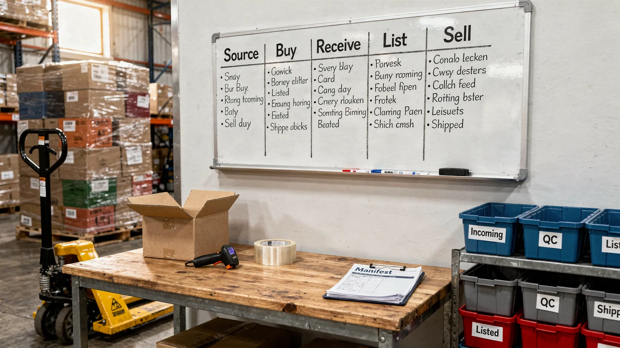 A warehouse workbench scene showing a simple weekly whiteboard plan for a liquidation reseller, with columns for Source, Buy, Receive, List, Sell, plus a pallet jack, labeled totes, and a clipboard for manifests.