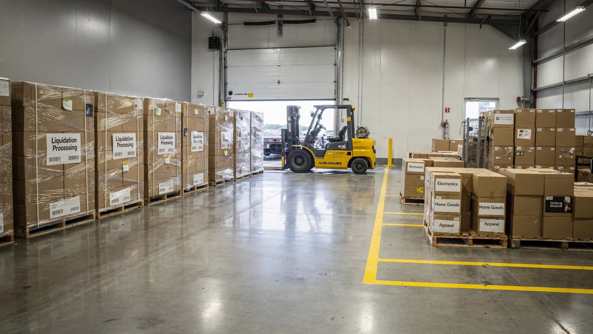 A clean warehouse receiving area with a forklift near a dock door, several shrink-wrapped pallets labeled for liquidation processing, and a staging zone with organized boxes by category.