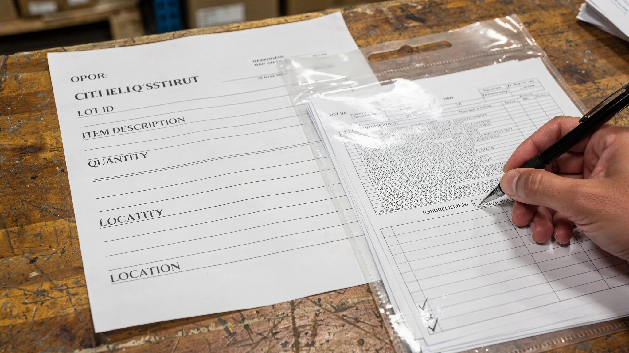 A close-up photo of a liquidation pallet label and an invoice/manifest packet on a warehouse desk, showing lot ID fields and a checklist being marked with a pen.