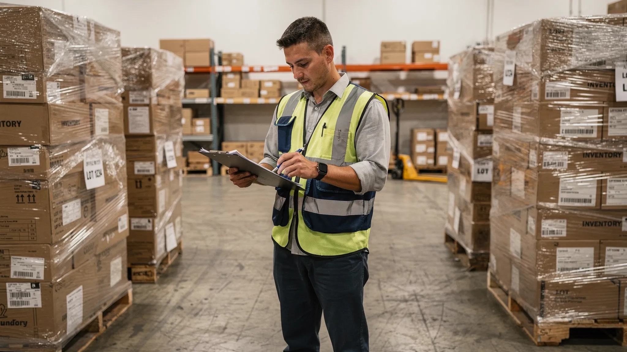 A reseller in a small warehouse reviewing a liquidation pallet manifest on a clipboard next to shrink-wrapped pallets, with labeled boxes and a simple receiving area in the background.