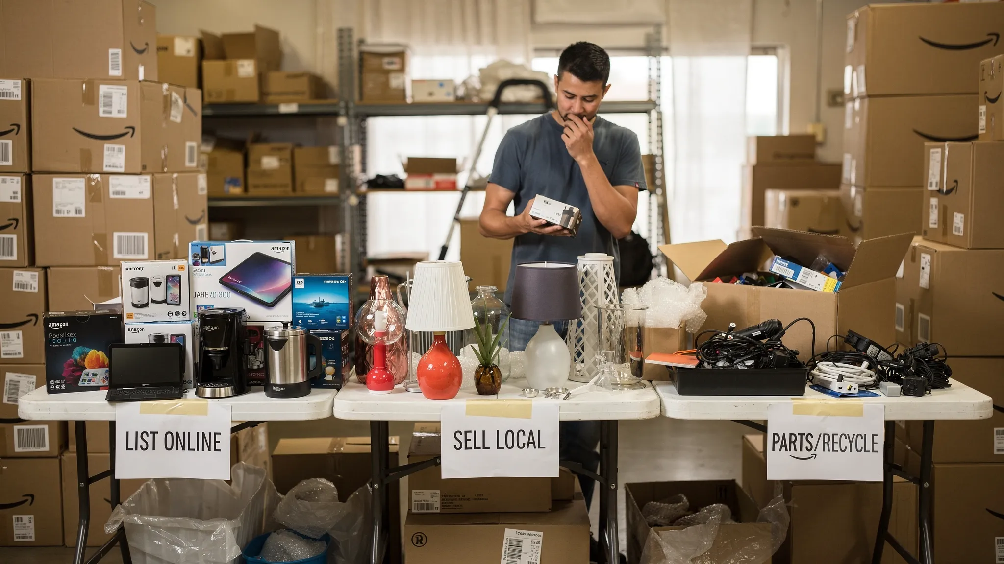 A reseller in a small warehouse sorting mixed merchandise from an Amazon-origin liquidation pallet onto three labeled tables: “List Online,” “Sell Local,” and “Parts/Recycle,” with boxes, small appliances, and home goods visible.
