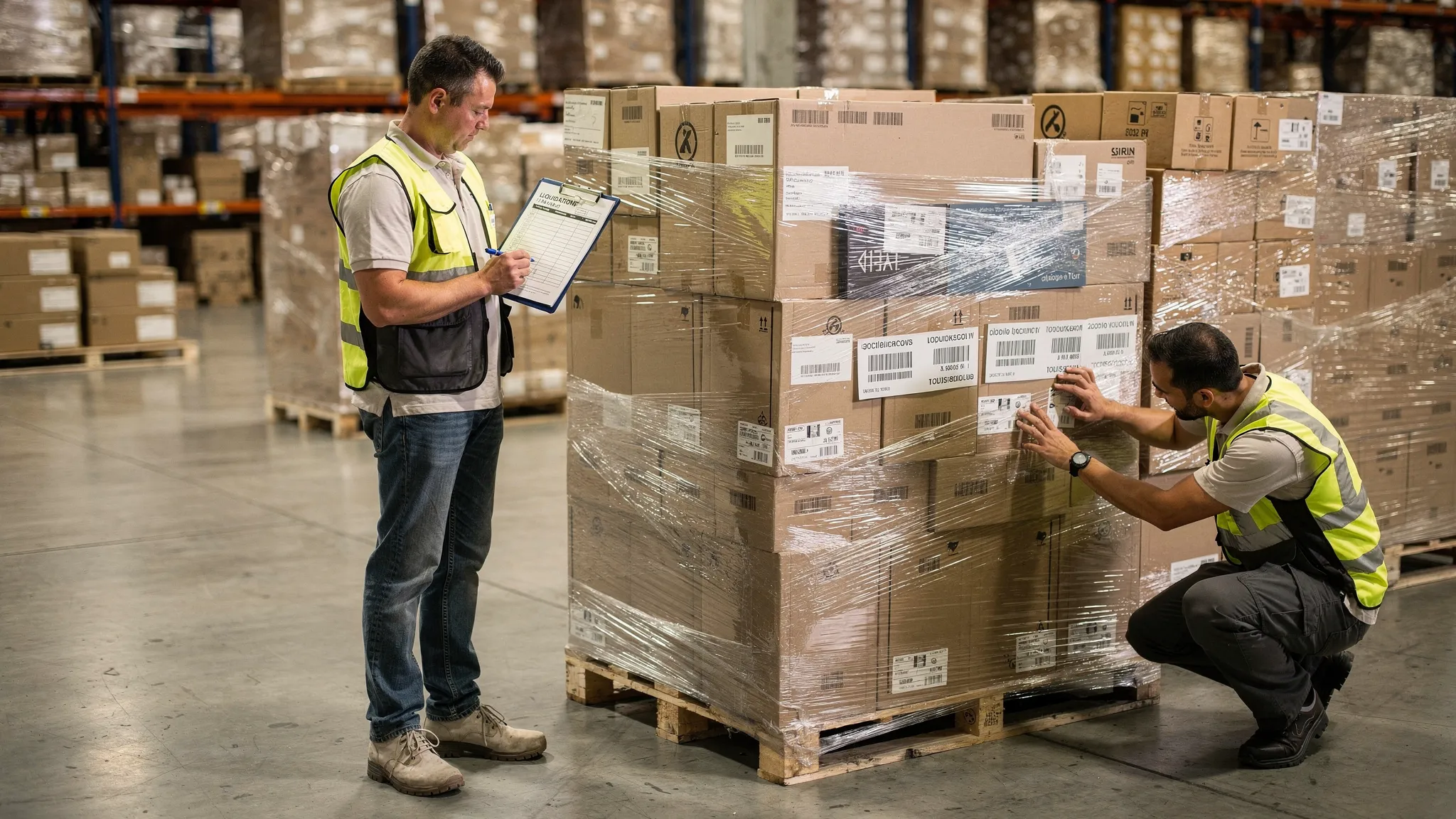 A reseller in a warehouse reviewing a liquidation manifest on a clipboard next to stacked pallets with mixed retail boxes, while another person checks pallet labels and condition notes on cartons.