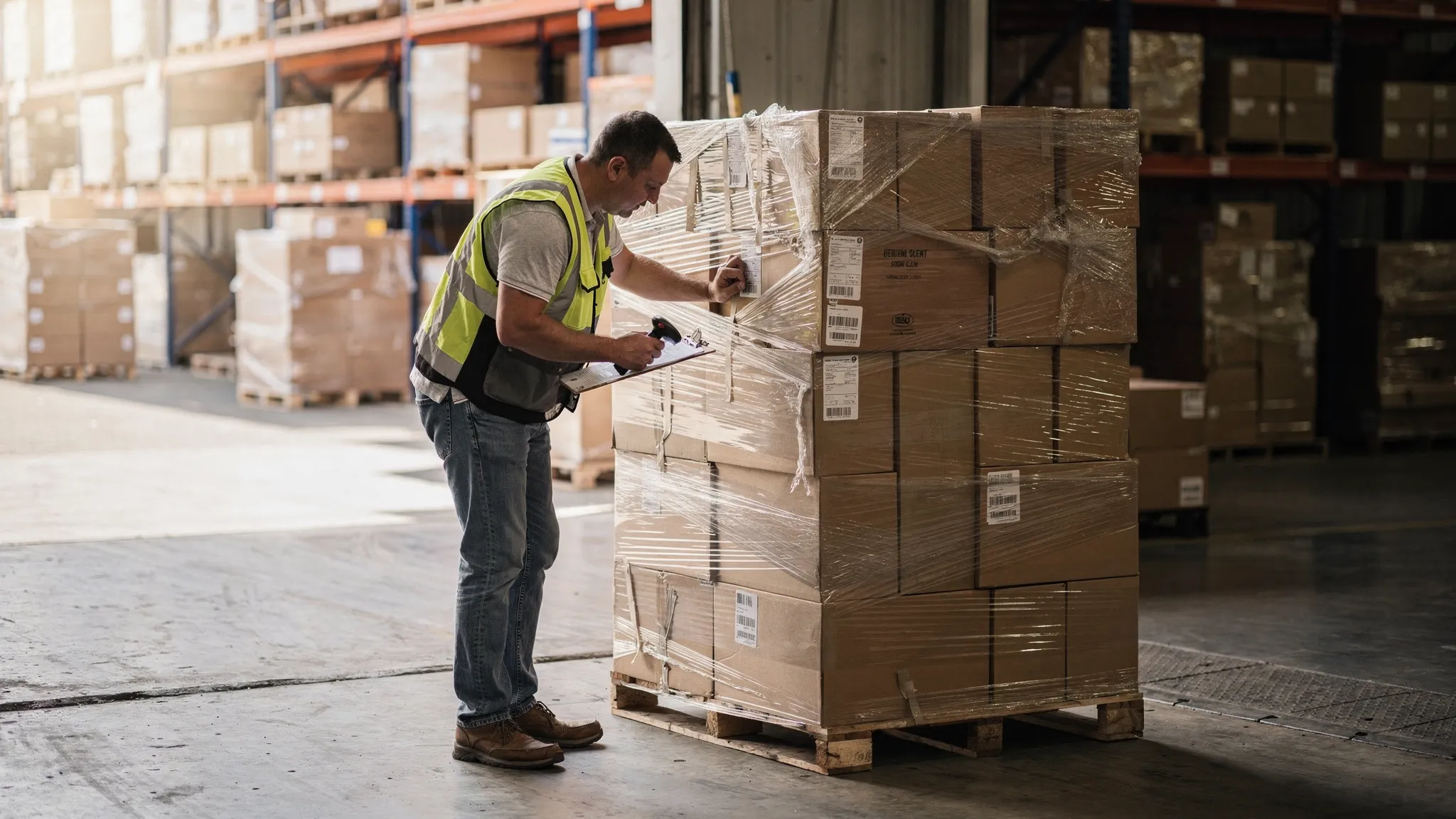 A reseller inspecting a shrink-wrapped liquidation pallet in a warehouse loading bay, using a clipboard and handheld barcode scanner while checking carton labels and visible condition issues.