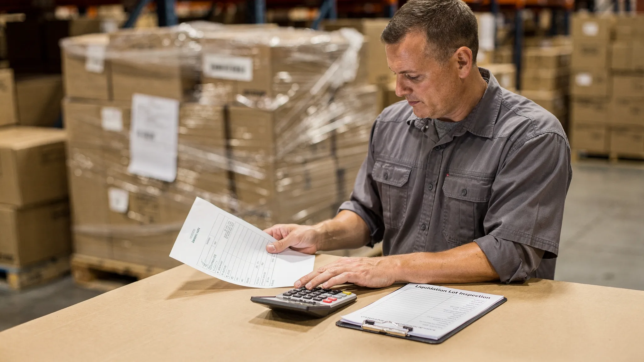 A reseller reviewing a liquidation lot listing at a warehouse table, with a printed manifest sheet, a calculator, and a clipboard checklist next to a shrink-wrapped pallet of mixed boxed items in the background.