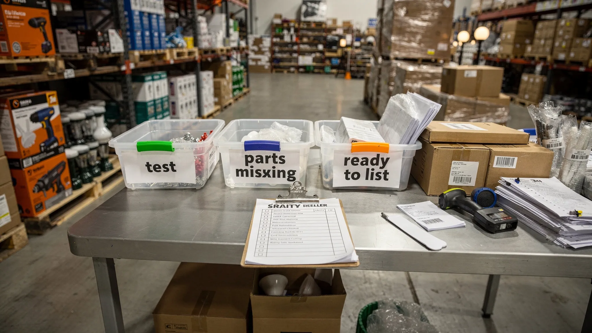 A reseller sorting station in a warehouse with pallets of home improvement goods, labeled bins for “test,” “parts missing,” and “ready to list,” plus a simple checklist on a clipboard.