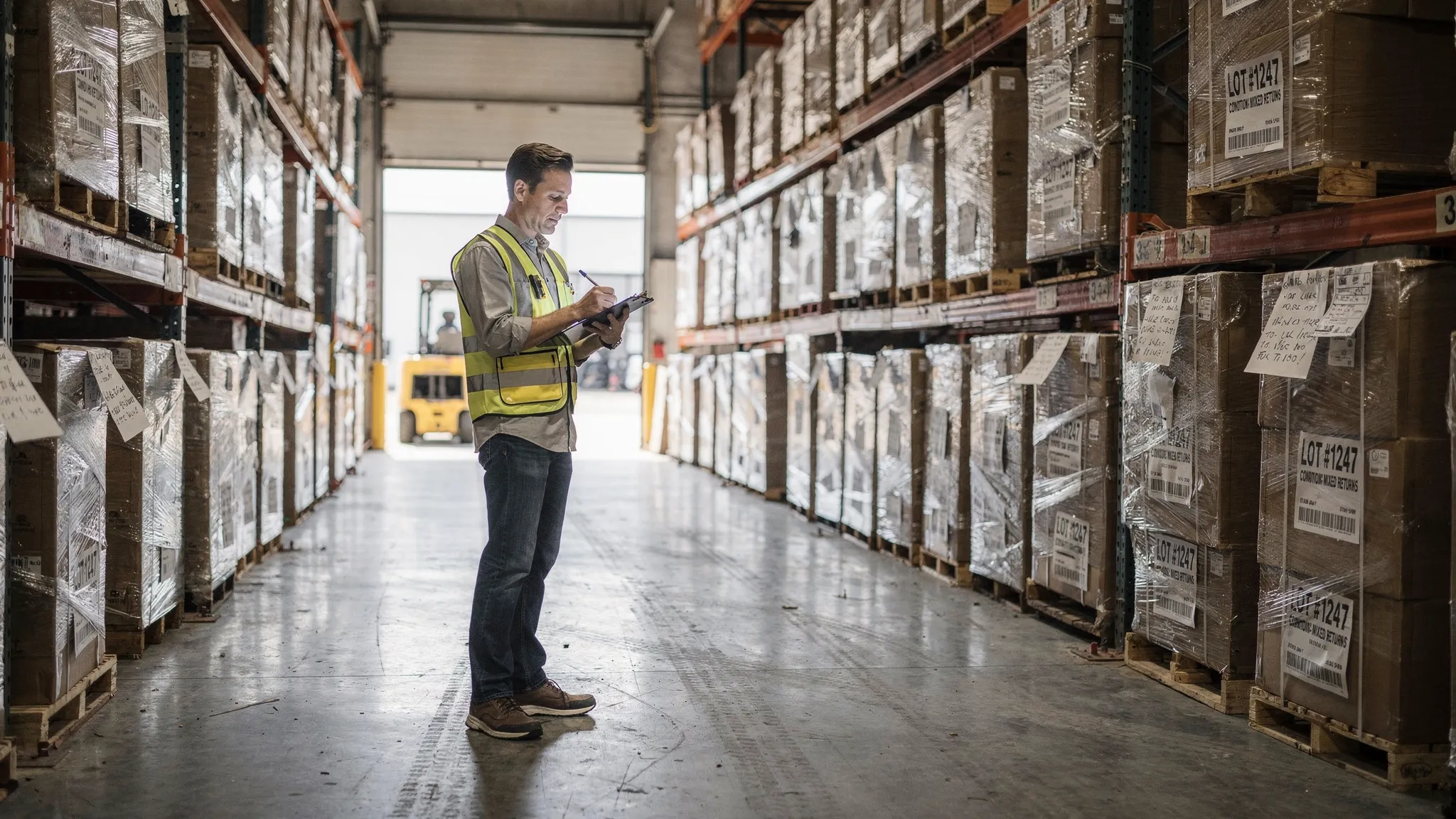 A reseller standing inside a warehouse aisle of shrink-wrapped liquidation pallets, using a clipboard to check pallet labels and condition notes while a forklift and dock door are visible in the background.