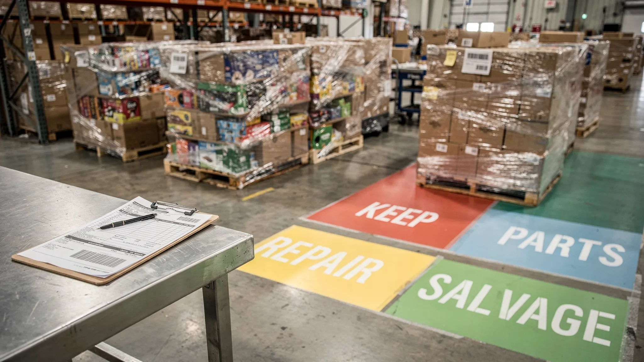 A reseller warehouse receiving area with shrink-wrapped liquidation pallets, a printed manifest sheet on a clipboard, and clearly labeled sorting zones (keep, repair, parts, salvage) on the floor.