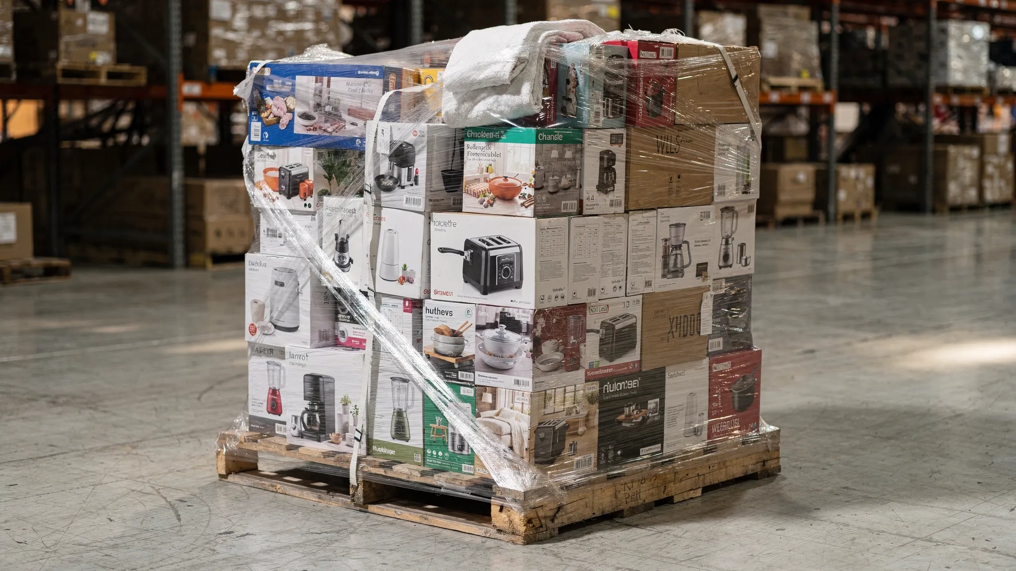 A shrink-wrapped overstock liquidation pallet being opened in a warehouse, showing a mixed assortment of new-in-box home goods, small appliances, and boxed accessories stacked tightly on a standard wooden pallet.