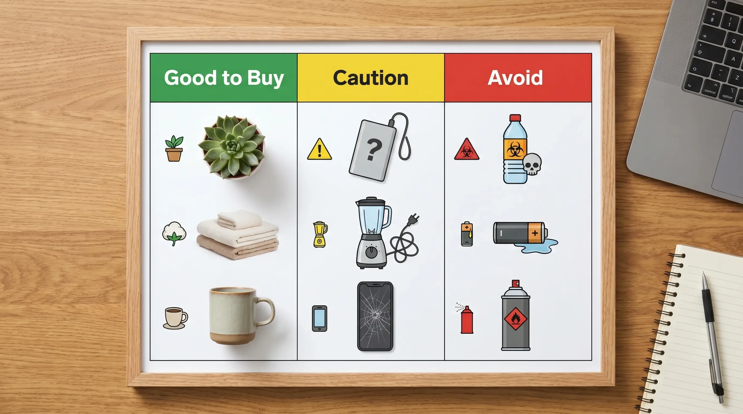 A simple comparison table graphic showing three columns labeled “Good to Buy,” “Caution,” and “Avoid,” with example product icons like home goods, small appliances, phones, and hazmat symbols.