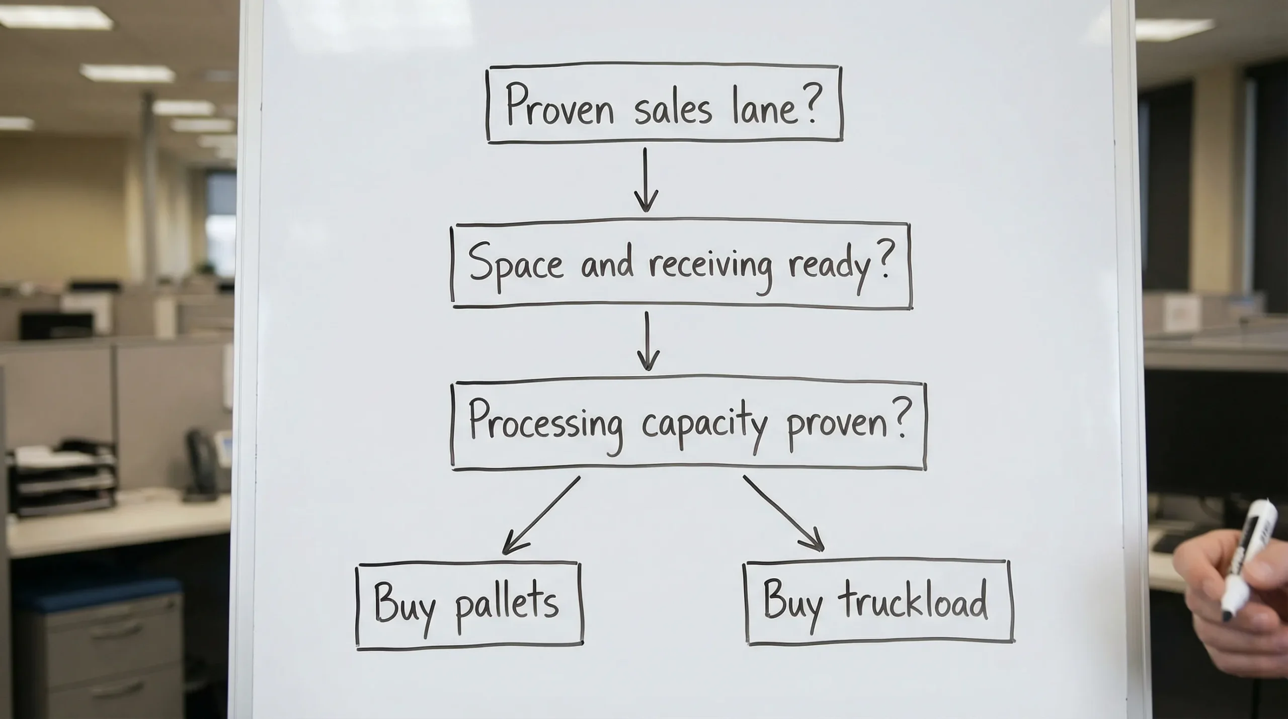 A simple four-step decision flowchart with boxes labeled: “Proven sales lane?”, “Space and receiving ready?”, “Processing capacity proven?”, leading to outcomes “Buy pallets” or “Buy truckload”.